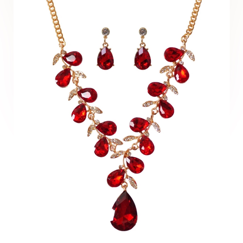 Red Crystal Leaves Necklace And Earring Set With Large Teardrop Crystal